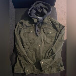 Hollister jacket w/ sweatshirt hood, M, army green w/ gray hood